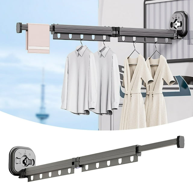 Étagère de Séchage Murale Rétractable, Tablette en Aluminium Extensible avec Ventouses et Crochets pour un Rangement de Lessive Efficace et Peu Encombrant