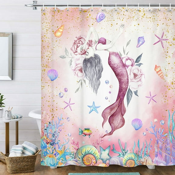 Mermaid Shower Curtain, Pink Sea Ocean Coral Reef Fish Seashell Theme Waterproof Fabric Bathroom Curtains, Beautiful Pink Sea Ocean Kids Girl Bathroom Shower Curtain with 12PCS Hooks, 60X70IN