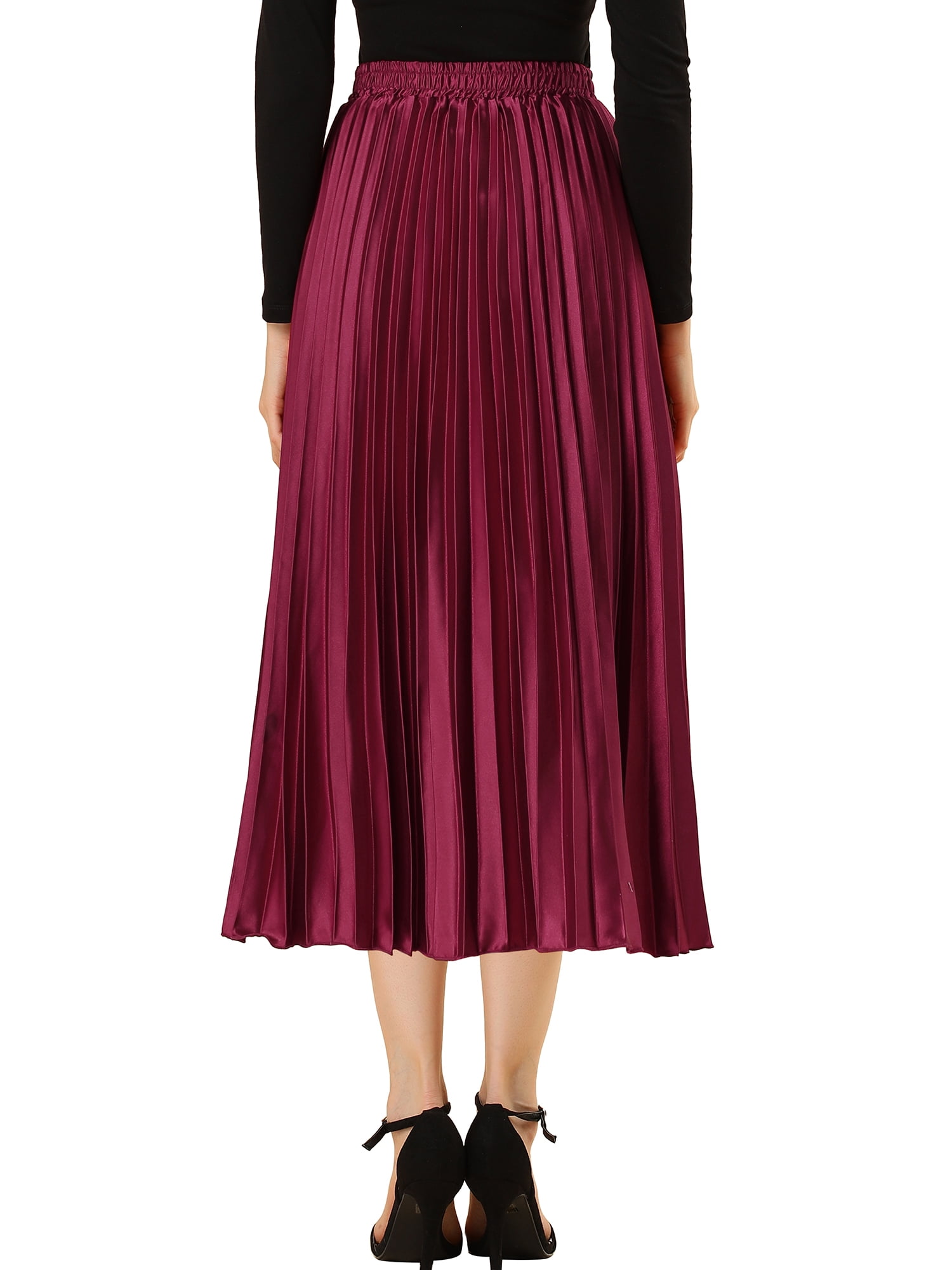 DARING DIVA Women's A-line High Waist Pleated Midi Skirt XS Burgundy