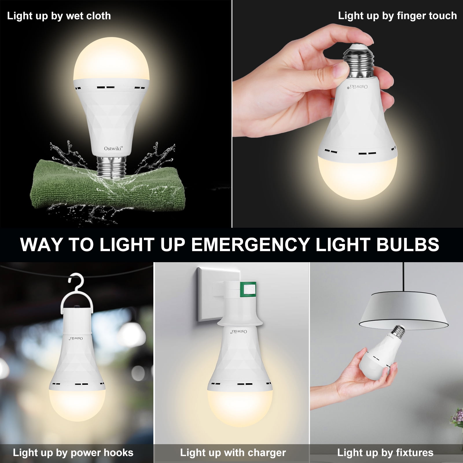 Ostwiki 10 Pack Rechargeable Light Bulbs, Emergency Light Bulbs for Power Outage Hurricane Camping 3000K Warm Light Battery Operated Light Bulb 9W E26 1200mAh Battery Backup Soft Light Bulb for Lamps