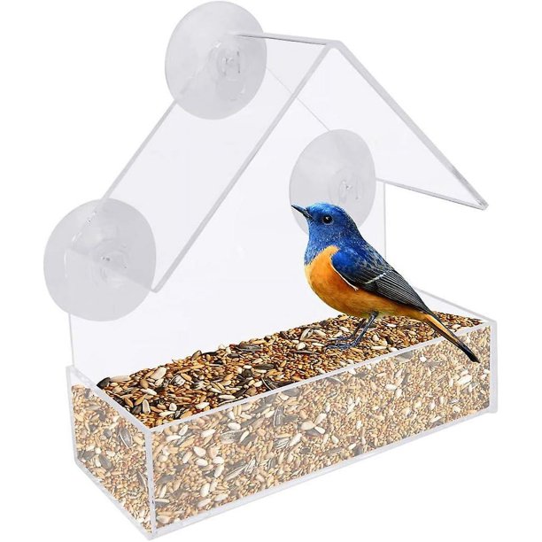 Comedero para pájaros con ventana, comedero para pájaros acrílico transparente, a prueba de lluvia, bandeja de alimentación deslizante desmontable con 3 ventosas, comederos para pájaros