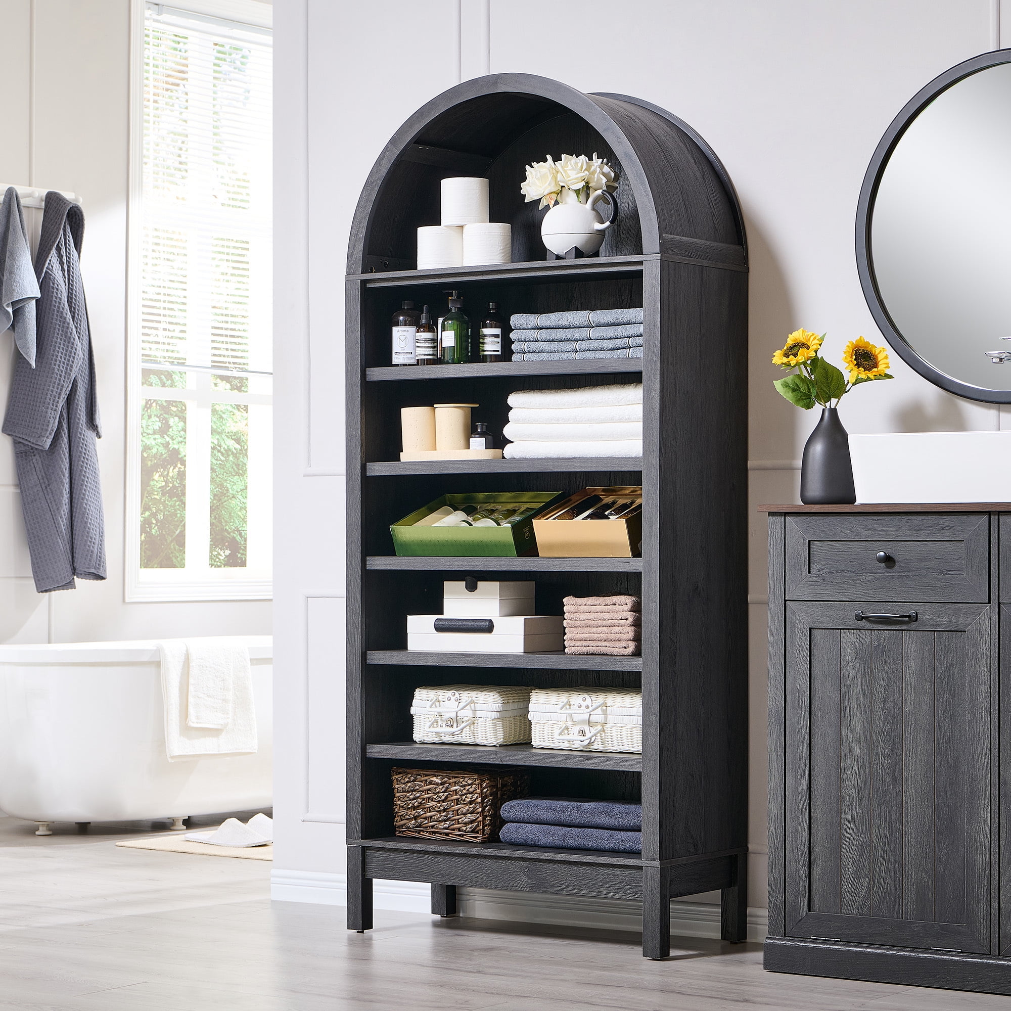SinCiDo Tall Arched Bookshelf, 7-Tier Open Shelf Bookcase, Medium Density Fiberboard