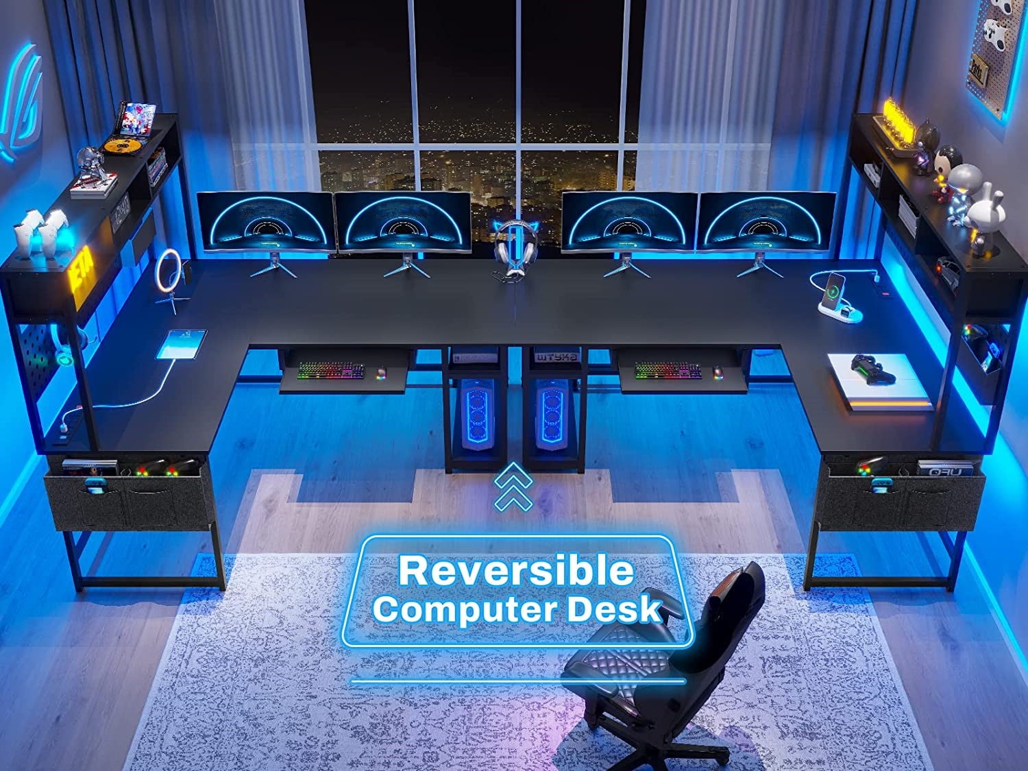 Reversible Computer Desk with LED Strips&Power Outlets, L-Shaped Office Desk with Storage Shelf/Pegboard for Bedroom, Writing Desk for Home Study, Black