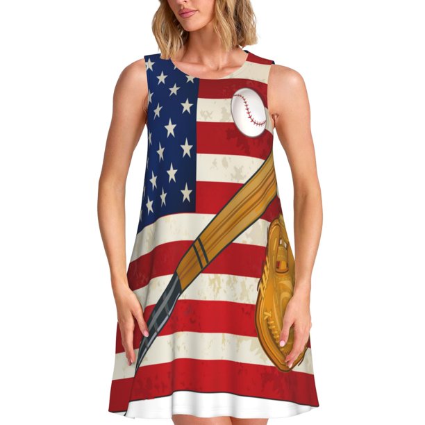 Balery American Flag And Baseball Vestidos de verano para mujer con estampado: vestido holgado sin mangas, vestido playero informal y cómodo para días calurosos.