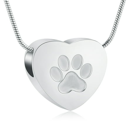 Personalize Stainless Steel Paw Print Heart Cremation Urn Pendant Pet Memory Necklace for Dog Cat Cremation Ashes Keepsake Memorial Jewelry