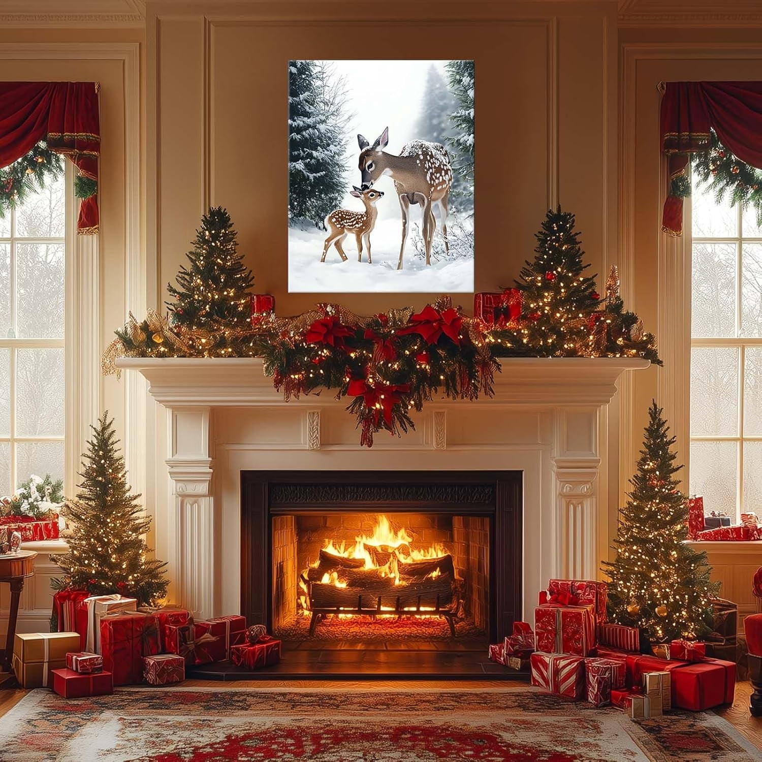 Christmas Canvas Wall Art Decor with Mother Reindeer and Fawn, Winter Holiday Canvas Print for Living Room and Bedroom, Christmas-Themed Wall Décor to Enhance Holiday Atmosphere?11X14 inch