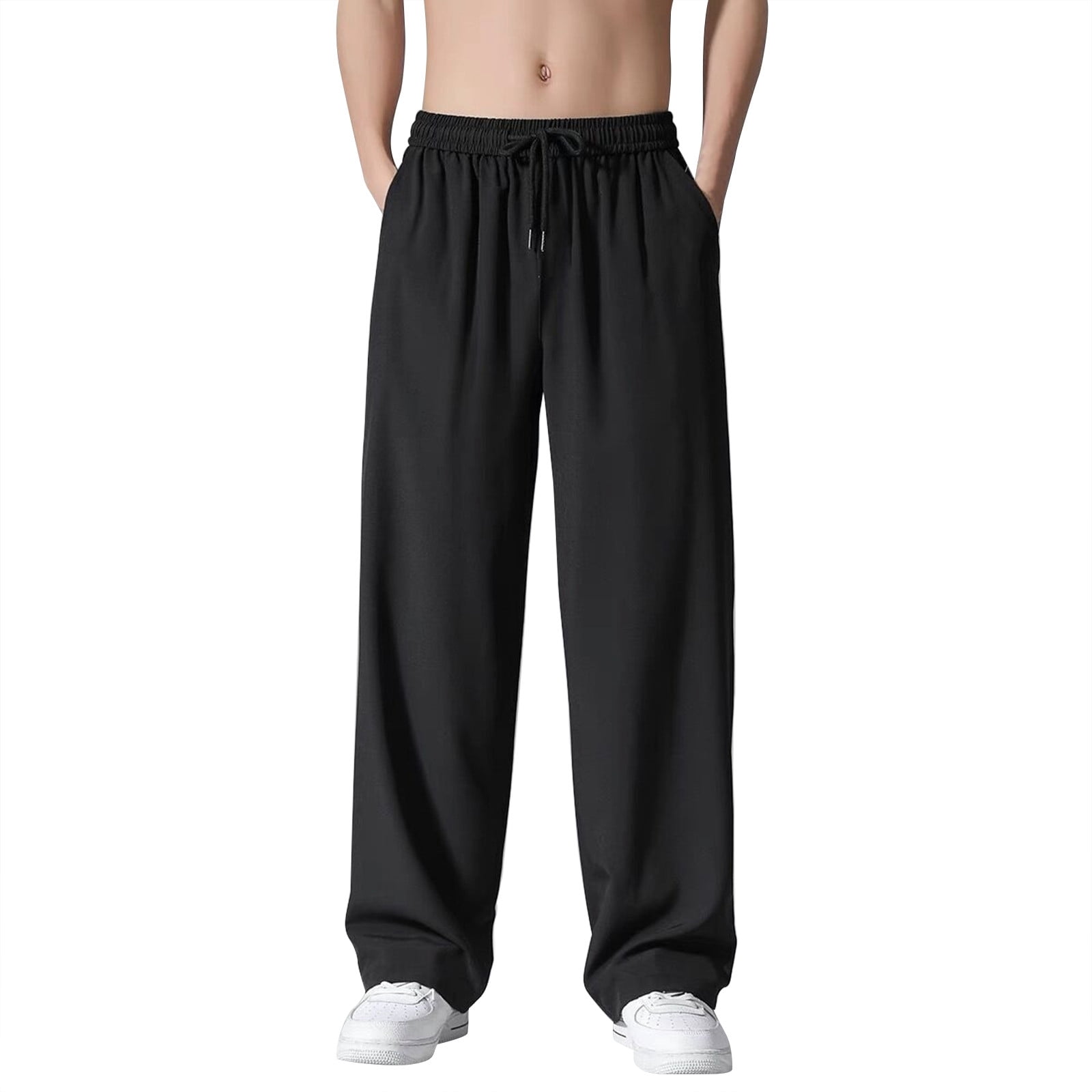 Ketyyh chn99 Men Pants Casual Relaxed Fit Lounge Pants Linen Pants Athletic Drawstring Trousers Black M