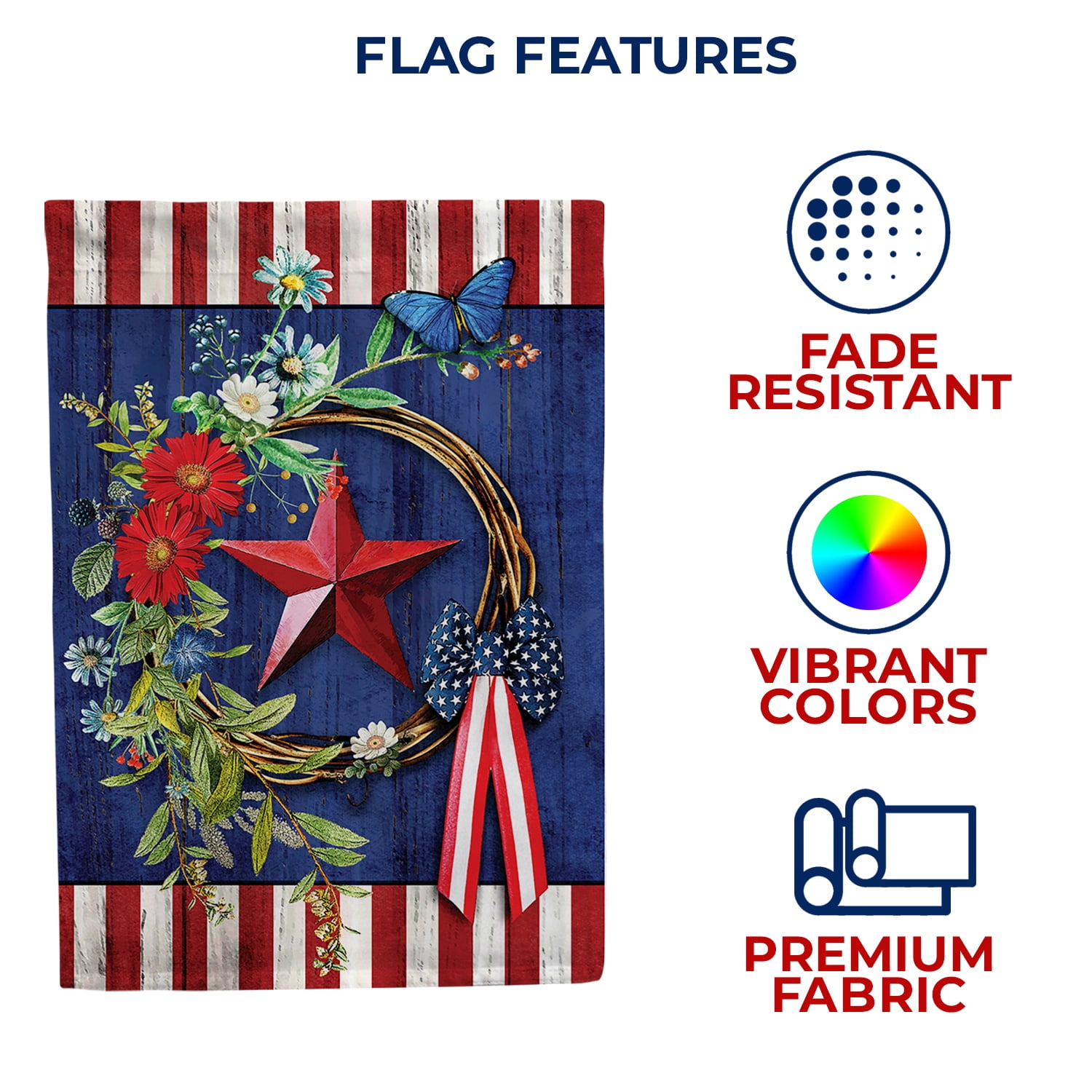 America Forever Red White Blue Patriotic Wreath 4th of July House Flag 28 x 40 inch Americana Barnstar Primitive Memorial Day Independence Daisy Yard Outdoor Decoration