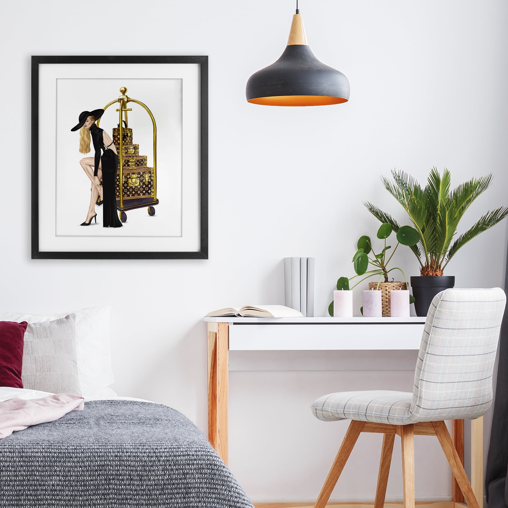 Fashionista with Hotel Luggage Black Framed Print Under Glass, design by Ziwei Li