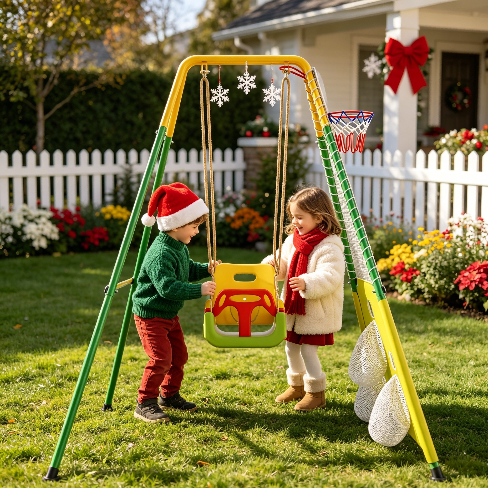 3-in-1 Toddler Swing Set with Basketball Hoop and Soccer Goals – Indoor/Outdoor Baby Swing with Foldable Metal Stand, Kids Swing Set for Backyard, Clear Instructions, Easy to Assemble & Store