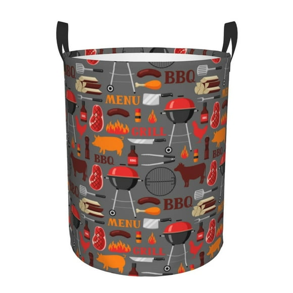 Kdxio BBQ Icons Print Large Laundry Basket Waterproof Round Cotton Linen Collapsible Storage bin with Handles for Hamper Kids Room,Toy Storage-Medium