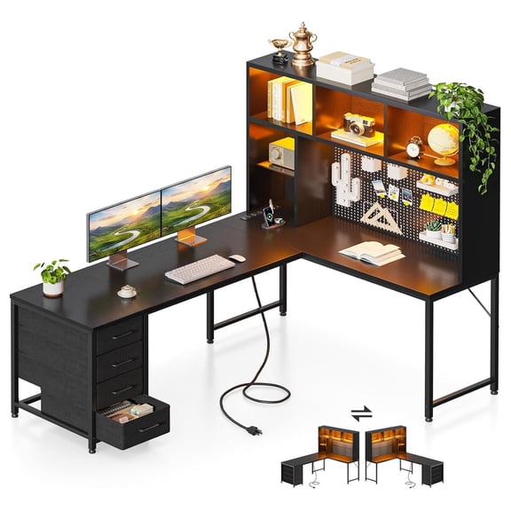 63 Inch L Shaped Desk for Gaming and Working, Black Computer Desk with Hutch, Power Outlets, Pegboard, Display Shelves, and 4 Drawers for PC, Console, and Home Office Use