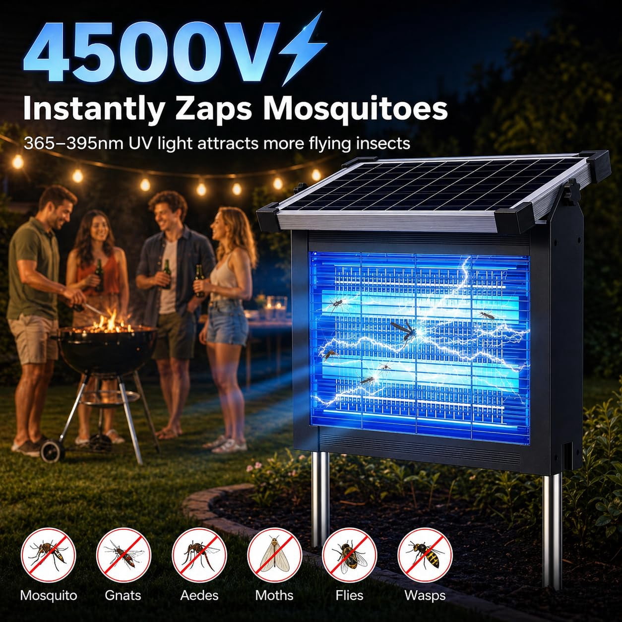 Solar Zapper Outdoor  4500v Waterproof Mosquito Usb Rechargeable 4000mah Fly Cordless With Auto On/off For Patio Backyard Garden Camping
