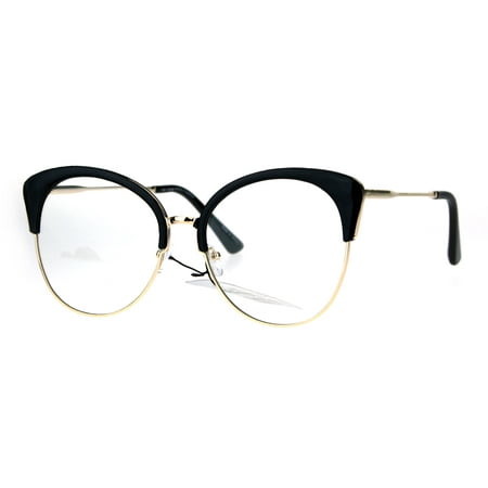 Womens Large Cat Eye Half Rim Clear Lens Fashion Glasses Black Gold