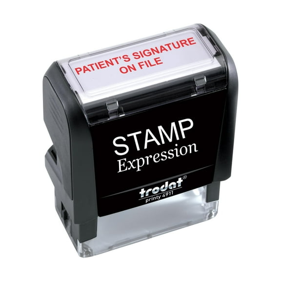 StampExpression - Patient's Signature On File Medical Self Inking Rubber Stamp - Red Ink (A-5997)