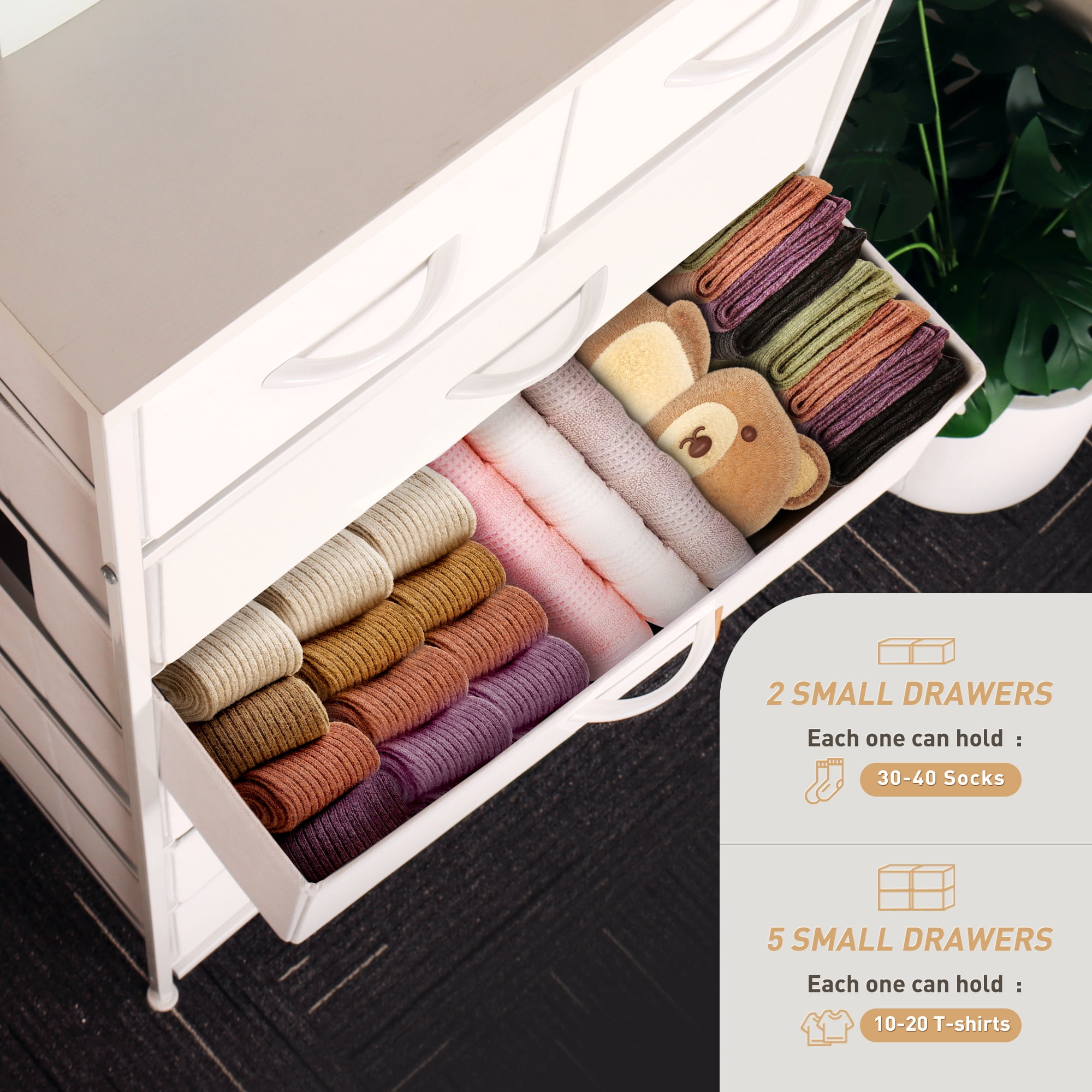 Tall Dresser with 7 Drawers for Bedroom, 5+2 Vertical Storage Organizer Tower, Chest of Drawers with Fabric Bins, Steel Frame, Handle, Wood Top for Home Living Room, Closet, Entryway - White