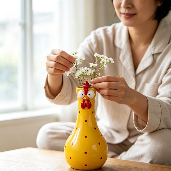 Handcrafted Long‑Neck Chicken Resin Flower Vase,Quirky Multicolored Rooster Tabletop Planter,Compact Decorative Ornament for Living‑Room Shelf Housewarming Holiday Gift