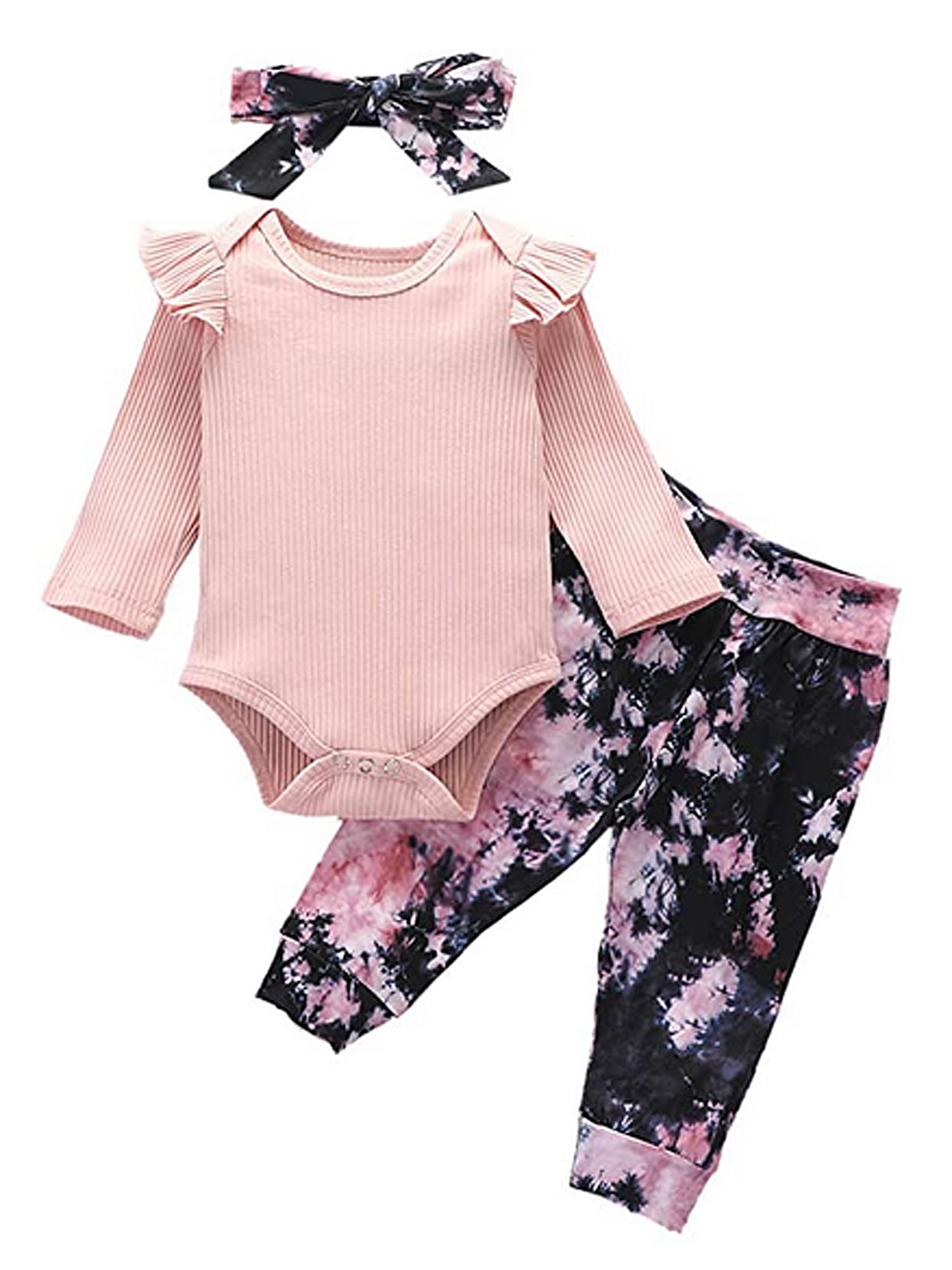 Newborn Baby Boys Girls Tie-Dye Ruffle Romper Pants+Headbands Outfit Set Clothes