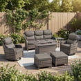 thumbnail image 3 of POCASSY 7-Piece Patio Furniture Set with Fire Pit Table, Luxury High Back Rattan Wicker Outdoor Conversation Set with 5-inch Thick Seat Cushion Sofa and Swivel Glider Patio Chair for Porch, 3 of 18