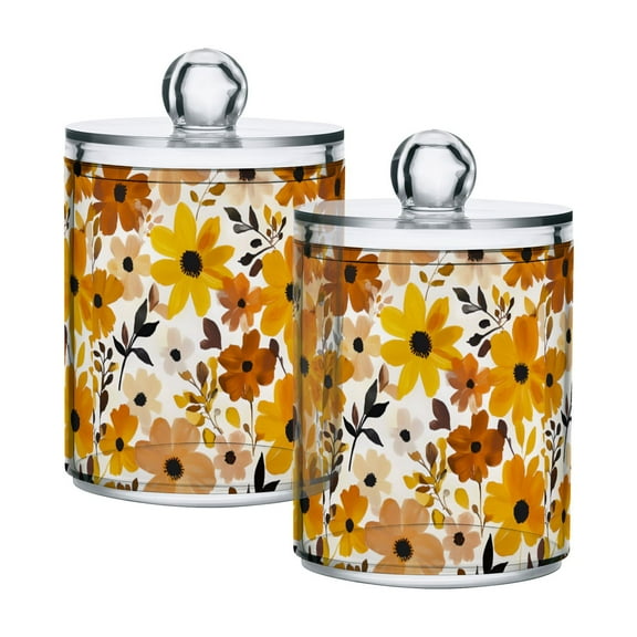 Yayeee 2 Pack Qtip Holder Dispenser for Bathroom with Lid Cotton Swab Canister, Yellow Flowers