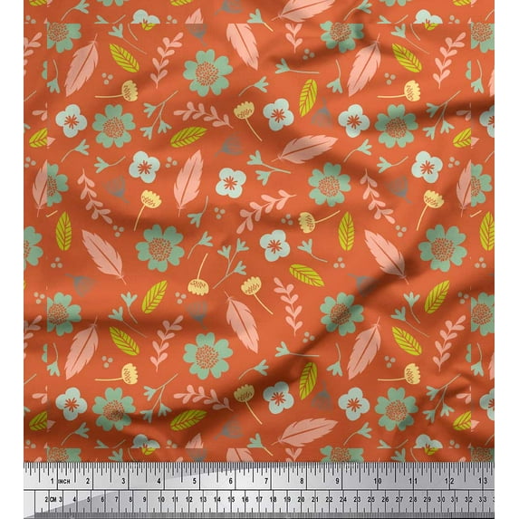 Soimoi Orange Japan Crepe Satin Fabric Leaves & Flower Floral Print Fabric by the Yard 42 Inch Wide