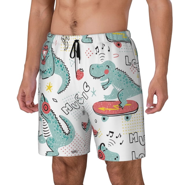 Balery Music Lover Dinosaur Bañador para hombre, shorts de playa de secado rápido con entrepierna y forro de compresión-XX-Large