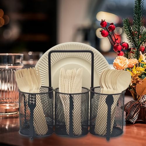 Utensil Caddy Silverware Holder - 4 Compartment Metal Mesh Cutlery Fork Spoon Napkin Plate Organizer Flatware Storage Basket Party Kitchen Countertop Buffet Picnic Camping Outdoor BBQ Black