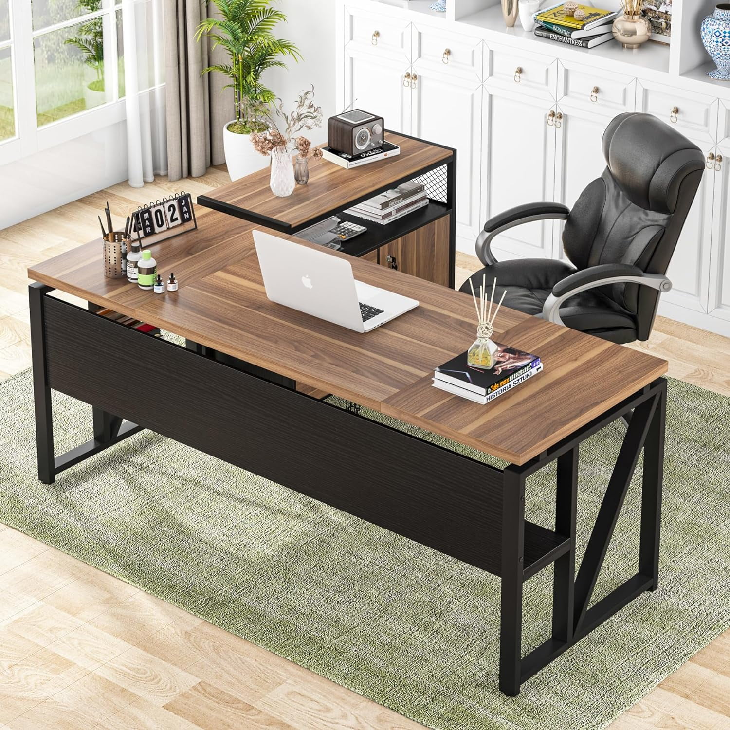63" L Shaped Executive Desk with Drawer Cabinet, Computer Desk and Lateral File Cabinet, 2 Piece Home Office Furniture