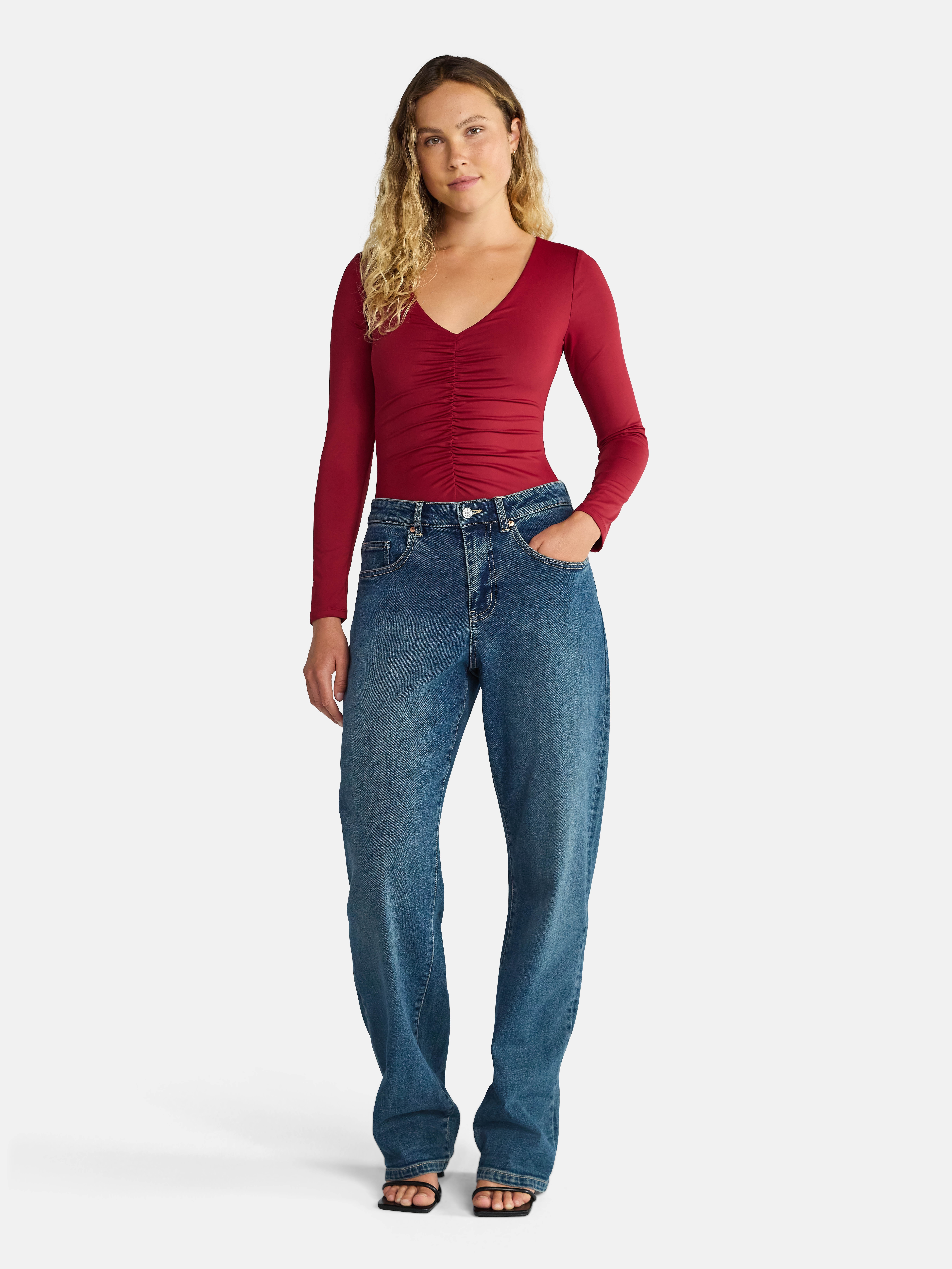 Madden NYC Women's Ruched Sculpting Bodysuit with Long Sleeves, Sizes XXS-XXL
