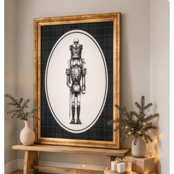 Nutcracker Print Framed Christmas Wall Art, Traditional Farmhouse Style Glass Covered Nutcracker Art for Mantel & Living Room