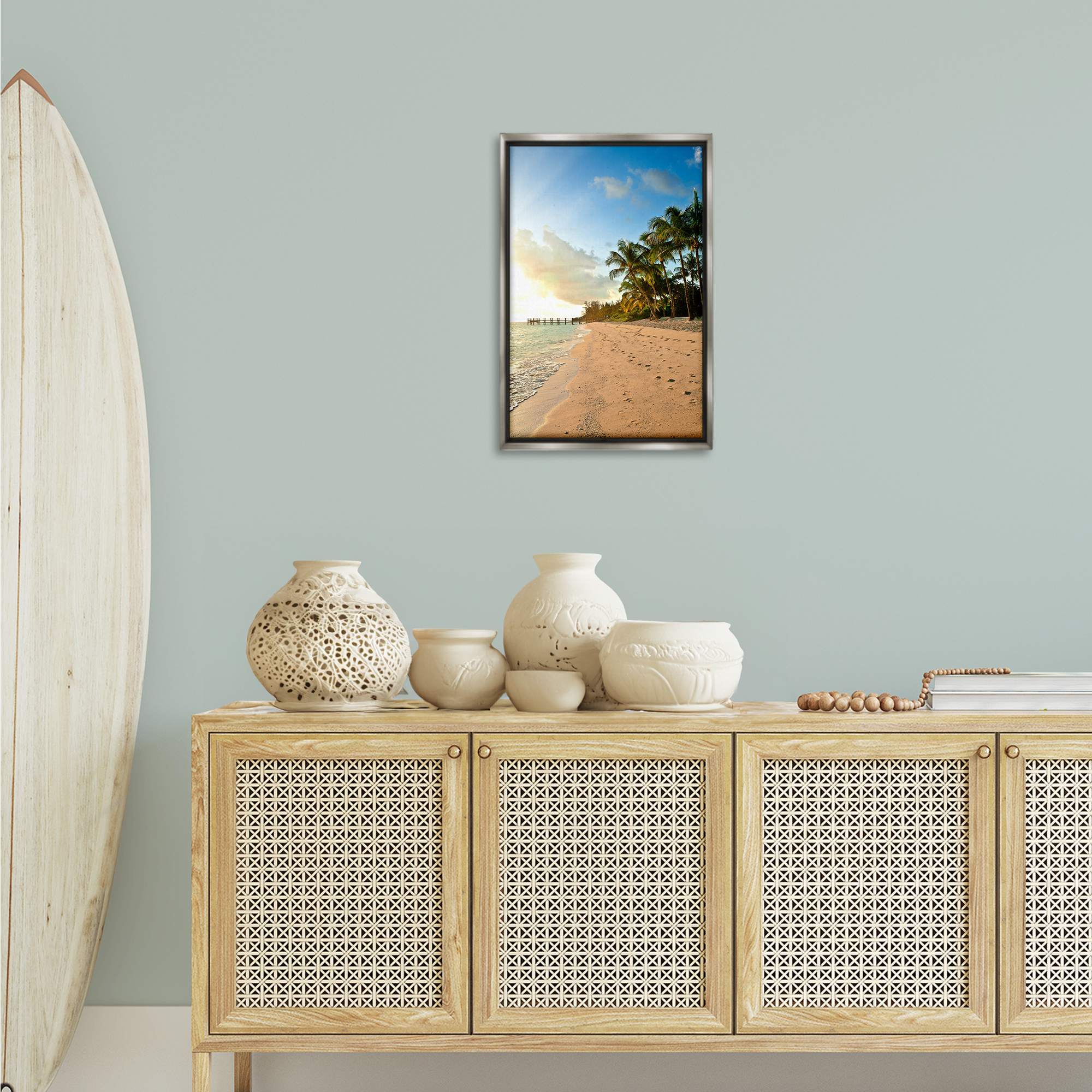 Stupell Industries Sandy Footprints Shore Coastal Photography Gray Floater Framed Canvas Art Print Wall Art, 17 x 25
