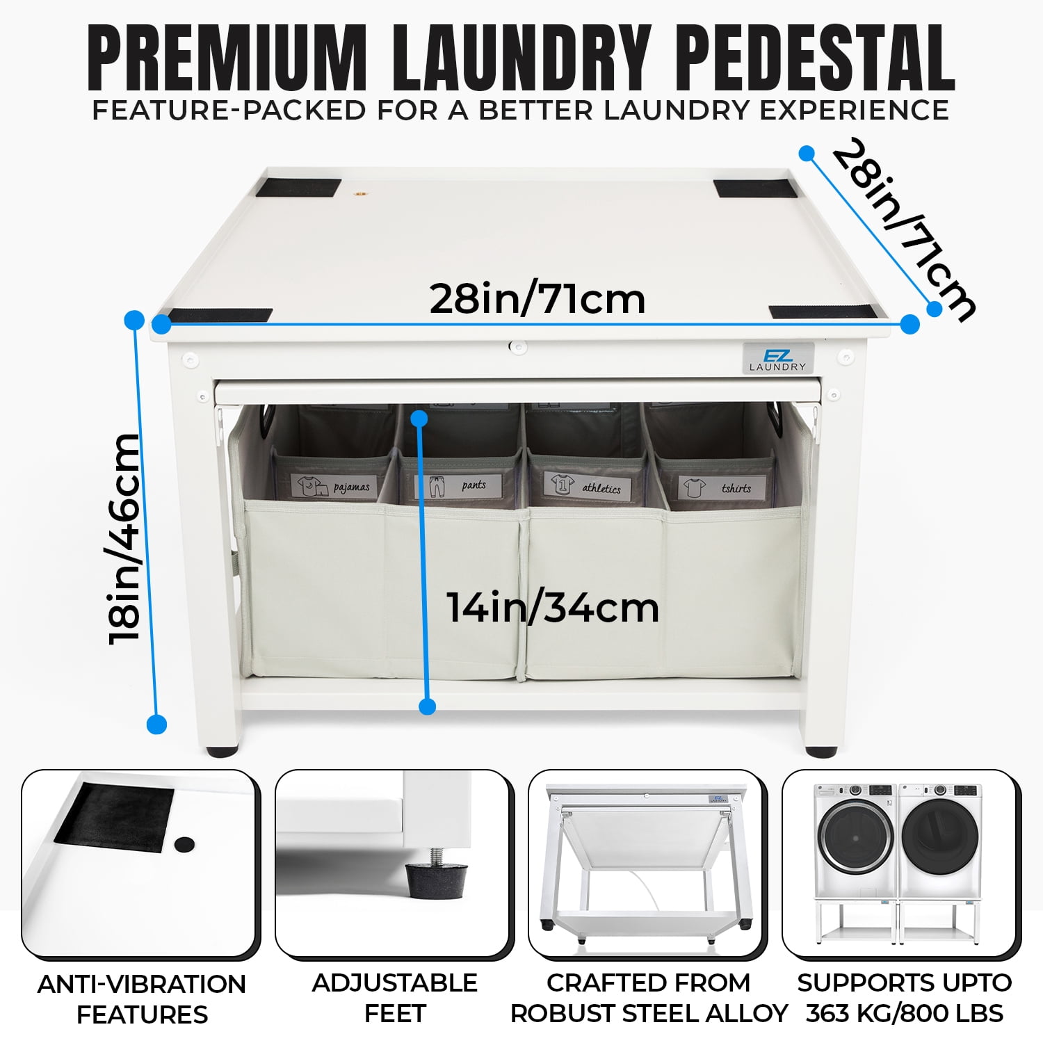 EZ Laundry Pedestal Steel 28" x 18" Base with Pull-Out Tray for Front Load Machines