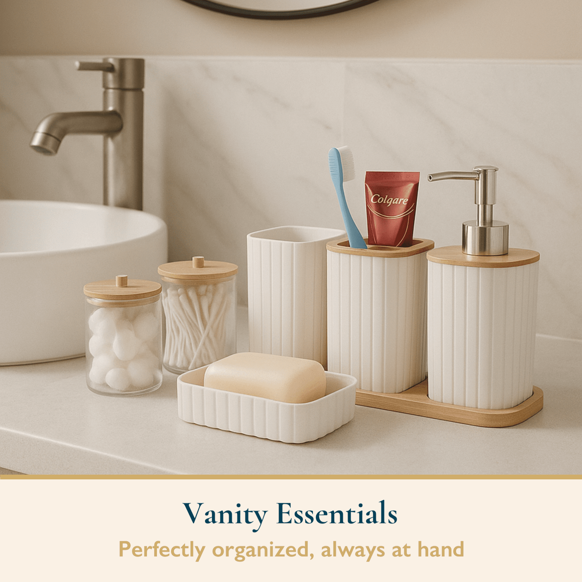 ComfiTime 24PCS Bathroom Accessories Set - Bathroom Essentials W/ Shower Curtain, Trash Can, Toilet Brush, Tumbler, Toothbrush Holder, Soap Dispenser, Soap Holder, Qtip Holders & African Net Sponges