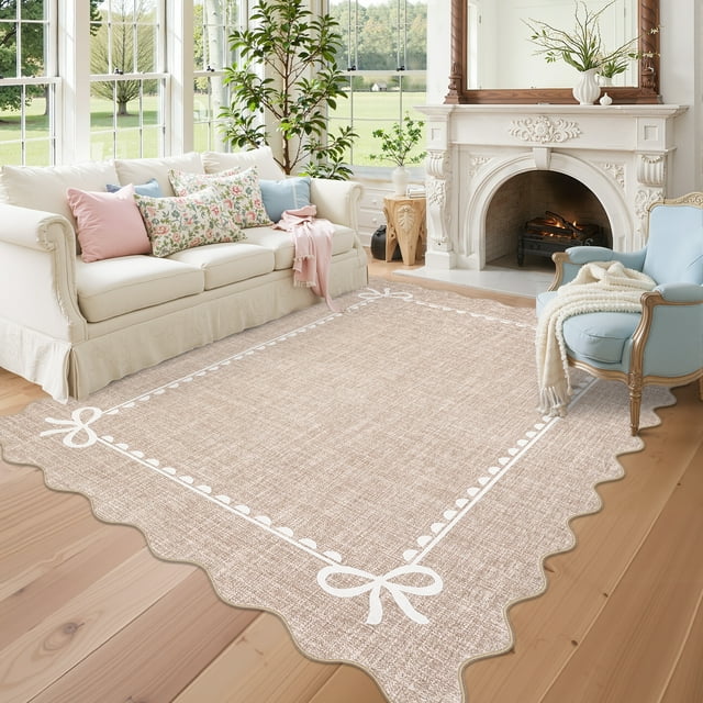 Nanan 5'x7' Scalloped Bow Border Area Rug, Modern Solid Washable Rug with Non Slip TPR Backing, Stain Resistant Low Pile Indoor Carpet Mat for Bedroom Hallway Nursery Decor, Camel