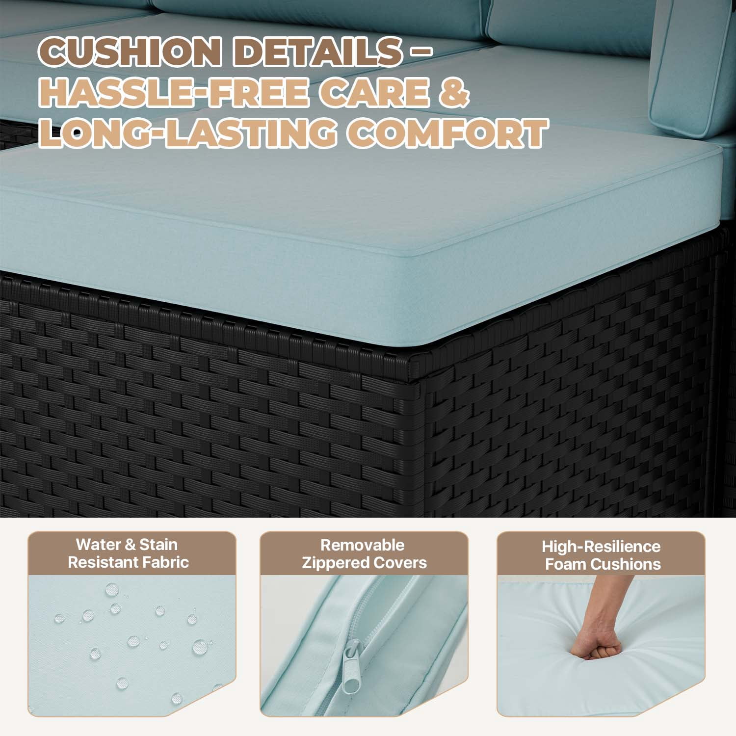 BaPiPro Modular Outdoor Wicker Patio Furniture Set with Tempered Glass Coffee Table & Removable All-Weather Cushions for Backyard, Poolside & Balcony Light Blue