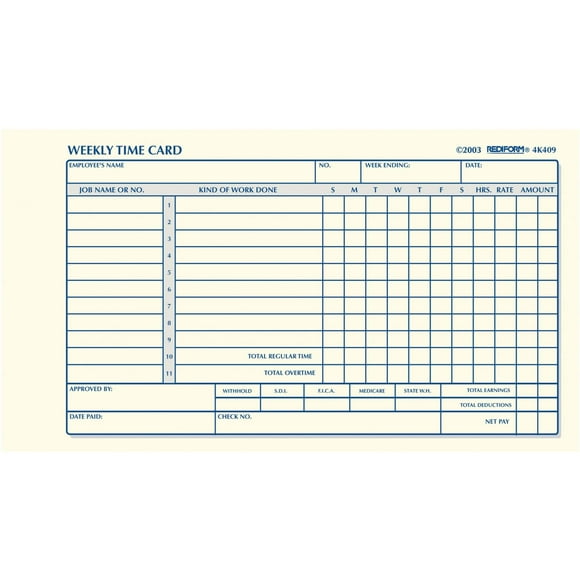 Time Card Rediform Weekly 100 tarjetas por bloc, 10,8 x 17,8 cm