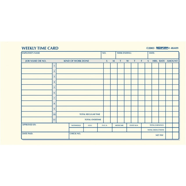 Time Card Rediform Weekly 100 tarjetas por bloc, 10,8 x 17,8 cm