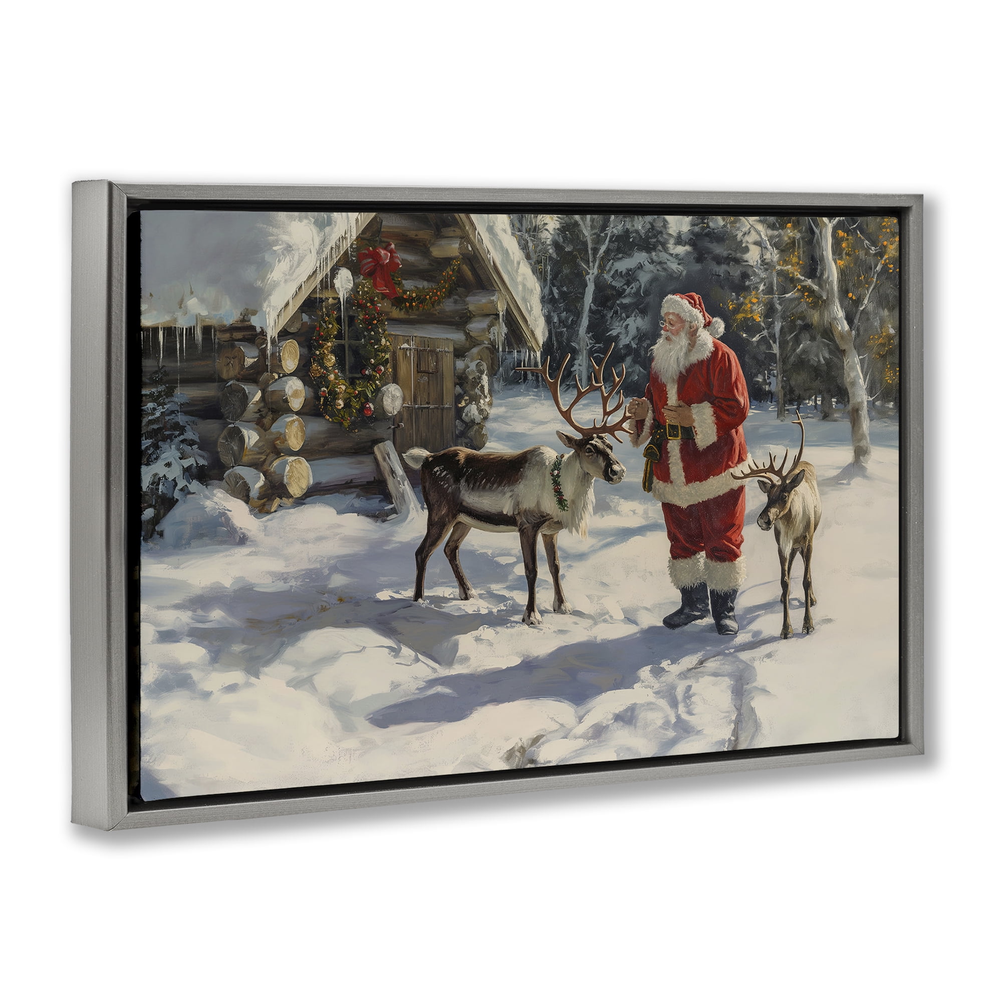 Stupell Industries Santa & Reindeer Scene Holiday Painting Gray Floater Framed Canvas Art Prints Wall Art, 31 x 21