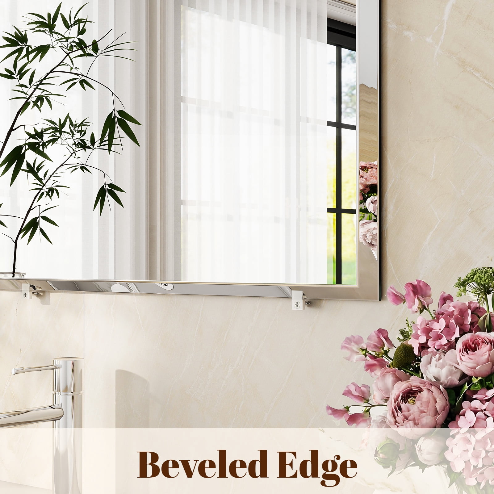 Easy4Home 24"x36" Frameless Rectangular Bathroom Mirror Beveled Edge Vanity Wall Mirror