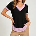 thumbnail image 3 of Craaazy Short Sleeve Tops for Women Plus Size Relaxed Color Block V Neck Short Sleeve T-Shirt Curved Hem for Daily Casual Outings, 3 of 9