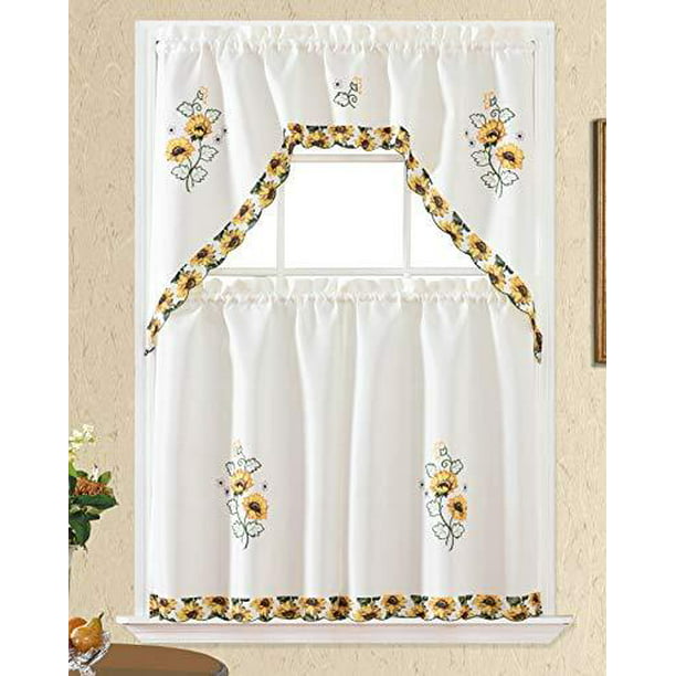 3pc Rod Pocket Embroidered Kitchen, 36 Inch Length Kitchen Curtains