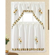 3pc Rod Pocket Embroidered Kitchen Curtains And Valances Set Swag Curtains & Tier Set 36 Inch Length Floral Fruit Designs Many Colors( BT375-YELLOW)