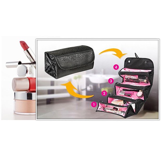 Kit de viaje con compartimentos, organizador de cosméticos en rollo, bolsas de maquillaje, joyas, bolsillos plegables para artículos de tocador, ultrarresistentes