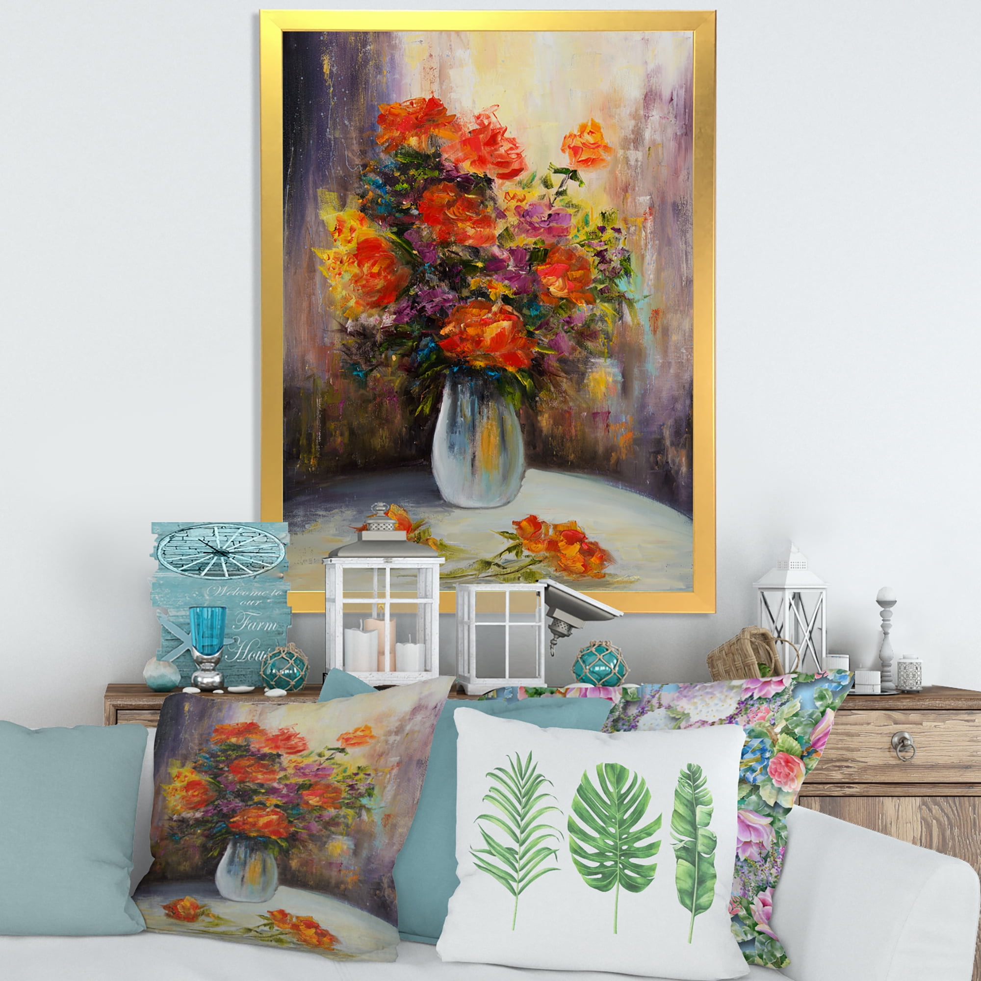 Designart 'Still Life Bouquet With Yellow and Red Flowers' Traditional Framed Art Print