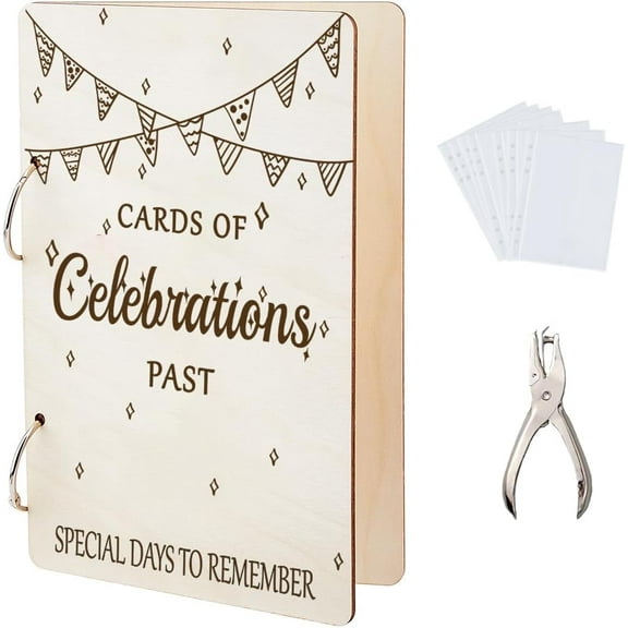 Cards of Celebrations Past Greeting Card Organizer Birthday Card Keeper Binder Childhood Keepsake Card Holder Wooden Loose Leaf Photo Album 2-Rings Gifts with Punch and 20 Card Pocket