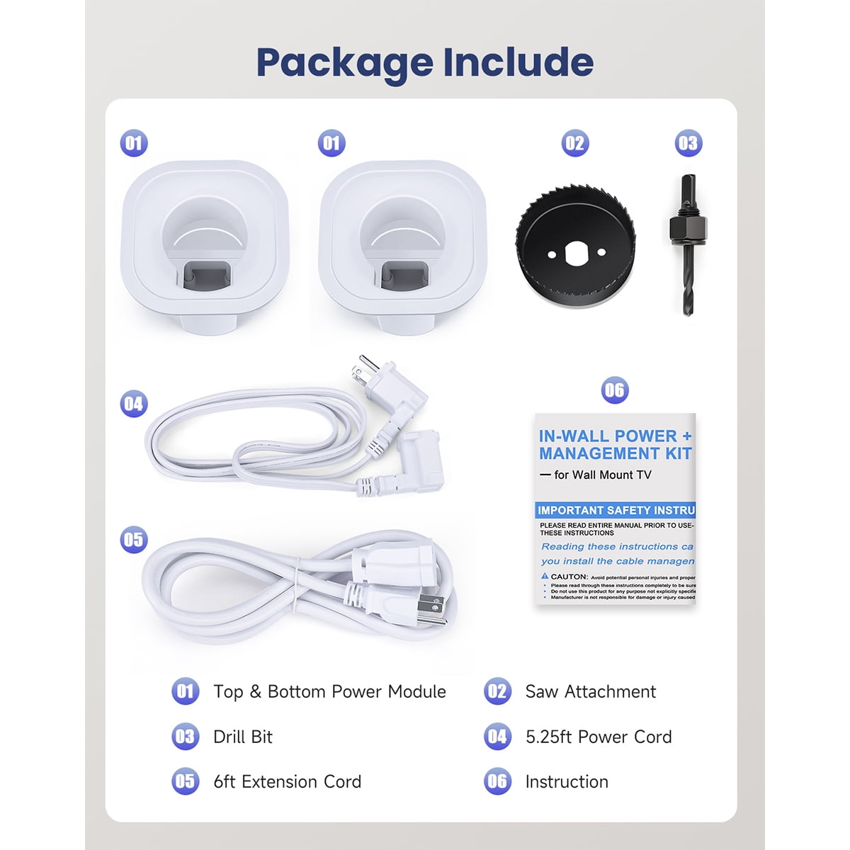 in-Wall Cable Management Kit, TV Cord Hider for Wall Mounted TV, Includes Power & Low Voltage Cables Management, Wall Cable Concealer Kit with Hole Saw Drill Attachment