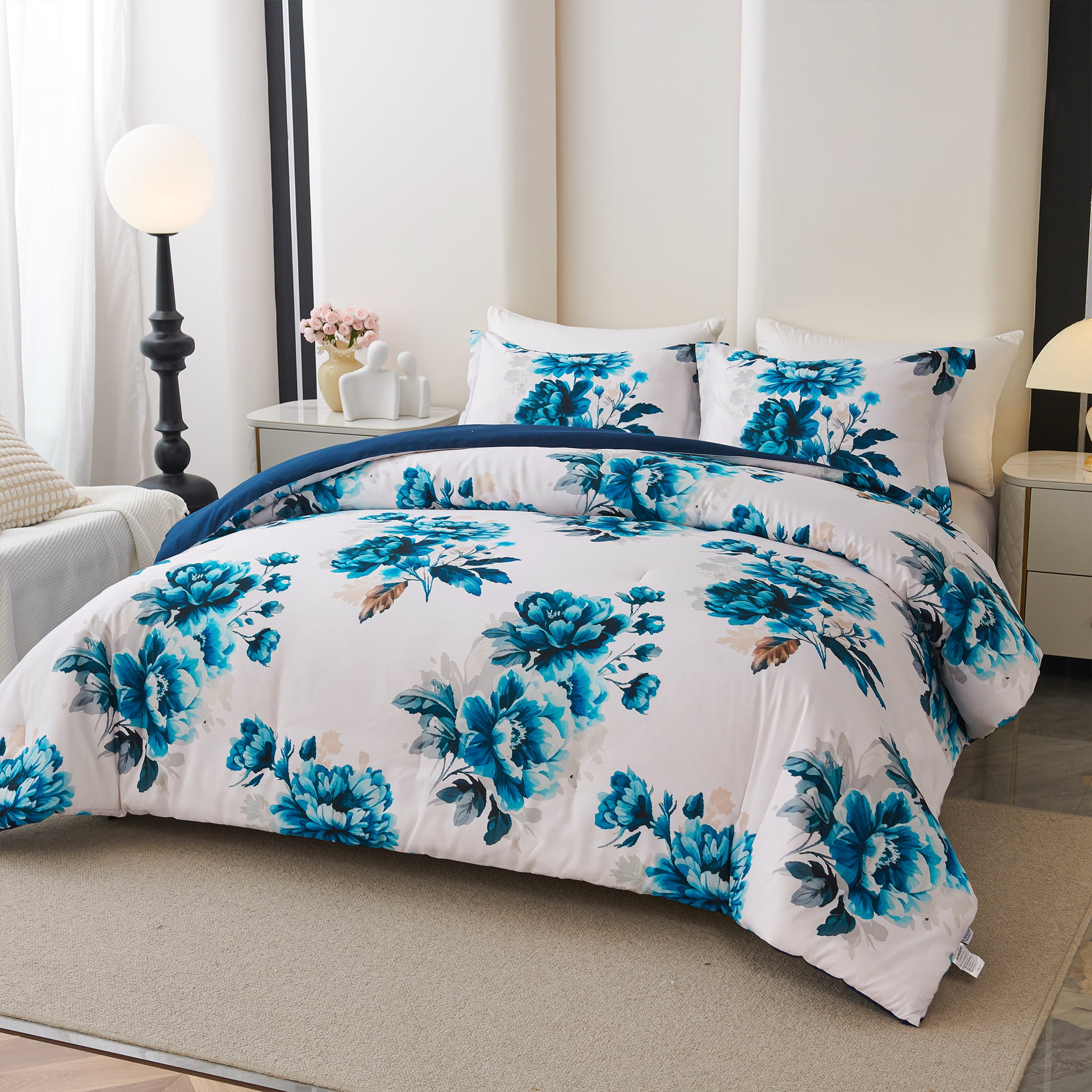 Koniroom 3 Pieces Blue and White Floral Comforter Set King Size, Flower Bedding with Vintage Watercolor Flower for Women, Reversible All Season Comforter with 2 Pillow Shams