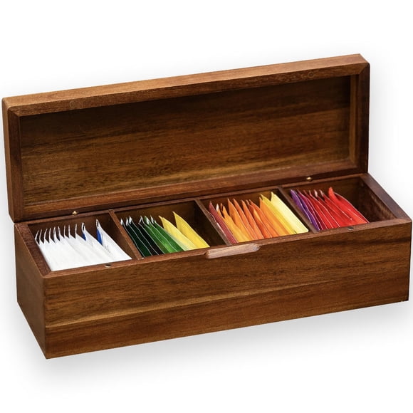 Organizador de bolsitas de té FLYIEE, madera de acacia, 4 compartimentos