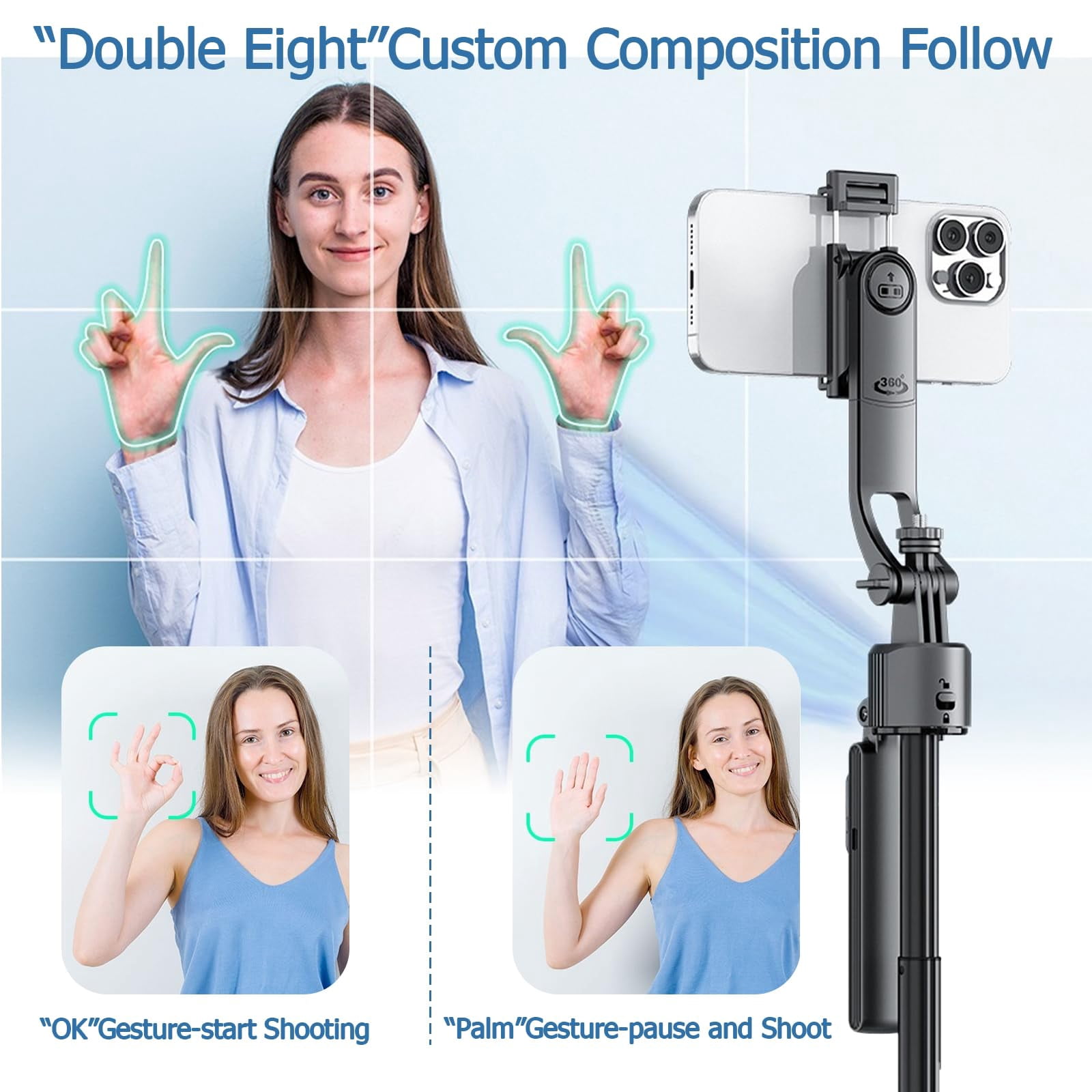 ORMOS AutoTracking Selfie Stick Tripod, Aluminum Alloy & ABS, Universal Smartphone Holder, Black, 360° Smart Rotation with Gesture Recognition, 69.3 Inches Maximum Height
