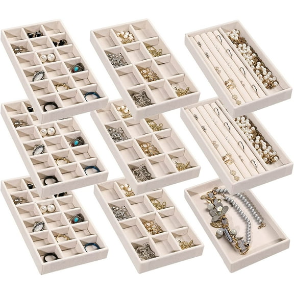 Jewelry Organizer Tray,Stackable Velvet Jewelry Trays,Drawer Inserts Earring Organizer For Women Jewelry Storage Display Case for Rings Stud Necklaces,Set of 4(Beige)